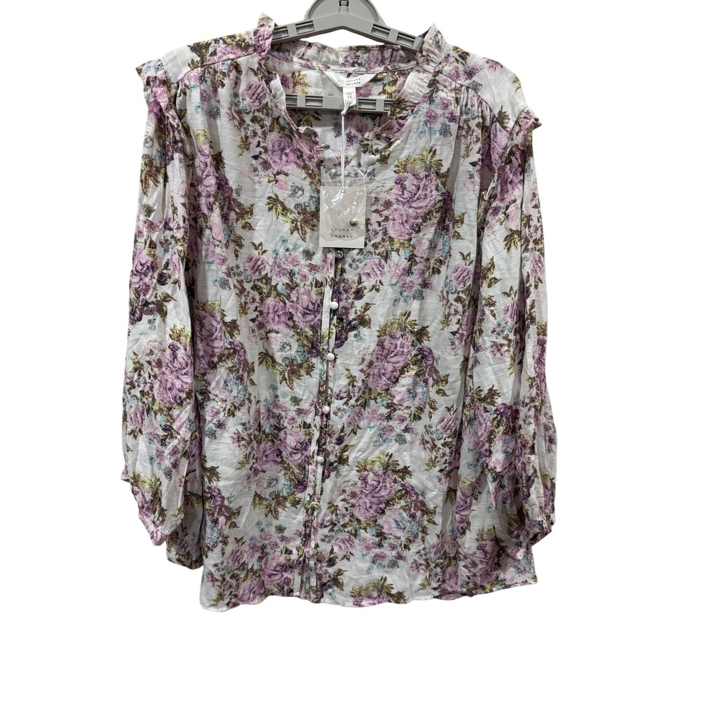Lauren Conrad Womens Plus 3X Floral Button Front Ruffle Blouse White Bouquet NEW
